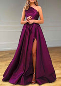 Elegant Satin A-line One-Shoulder Sleeveless With Pleated Split Hot Sale Long Prom Dress
