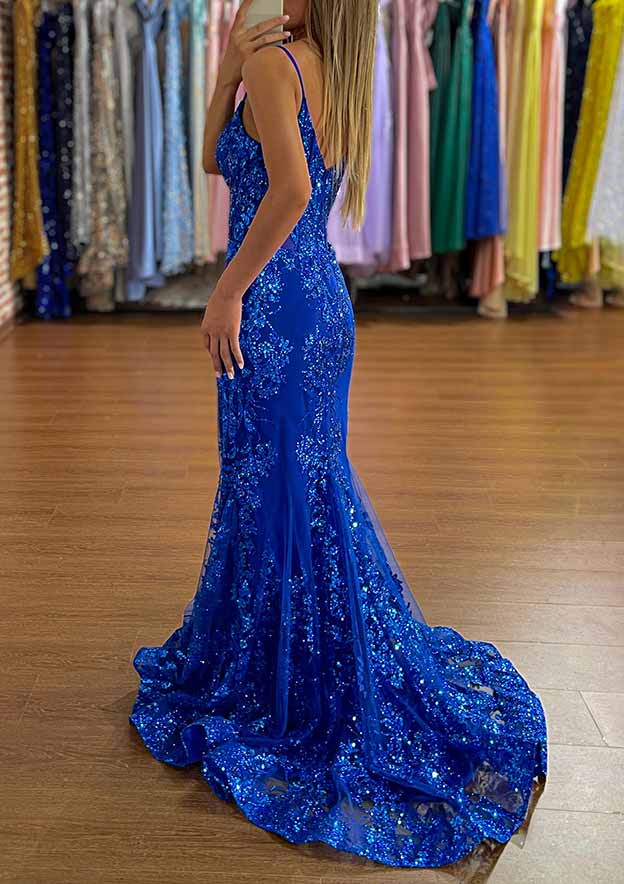 Royal Blue Fashion Glitter Tulle Mermaid V Neck Spaghetti Strap Sleeveless with Sequin Appliqued Backless Hot Sale Long Prom Dress