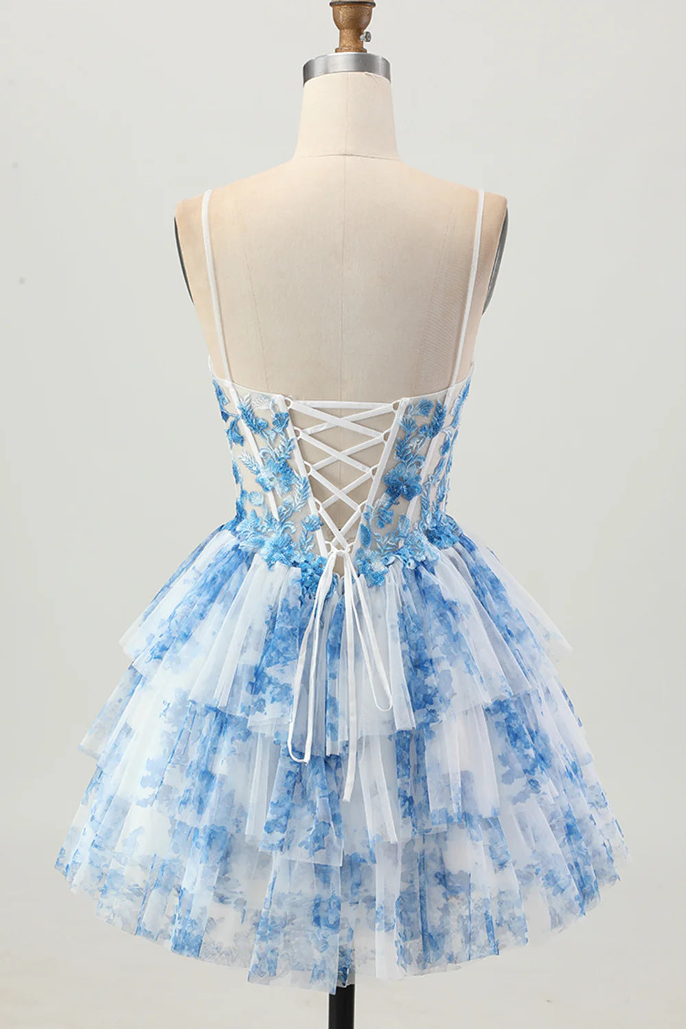 Chic Short Dress White Blue Printing A Line Spaghetti Strap Sweetheart Neckline Sleeveless Lace Applique Layering Ruched Backless Hot Sale Homecoming Dress