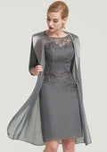Wedding Guest Dresses Elegant Chiffon Sheath/Column Boat Neck Half Sleeve Pleated Lace Appliqued With Jacket Knee-Length Hot Sale Mother of the Bride Dress