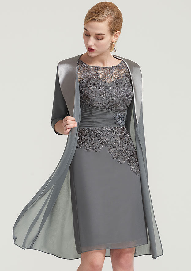 Wedding Guest Dresses Elegant Chiffon Sheath/Column Boat Neck Half Sleeve Pleated Lace Appliqued With Jacket Knee-Length Hot Sale Mother of the Bride Dress