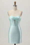 Fashion Short Dress Sparkly Light Green Satin Sheath Spaghetti Strap Sweetheart Neckline Sleeveless Pleated Knot Hollow-Out with Rhinestone Backless Hot Sale Homecoming Dress