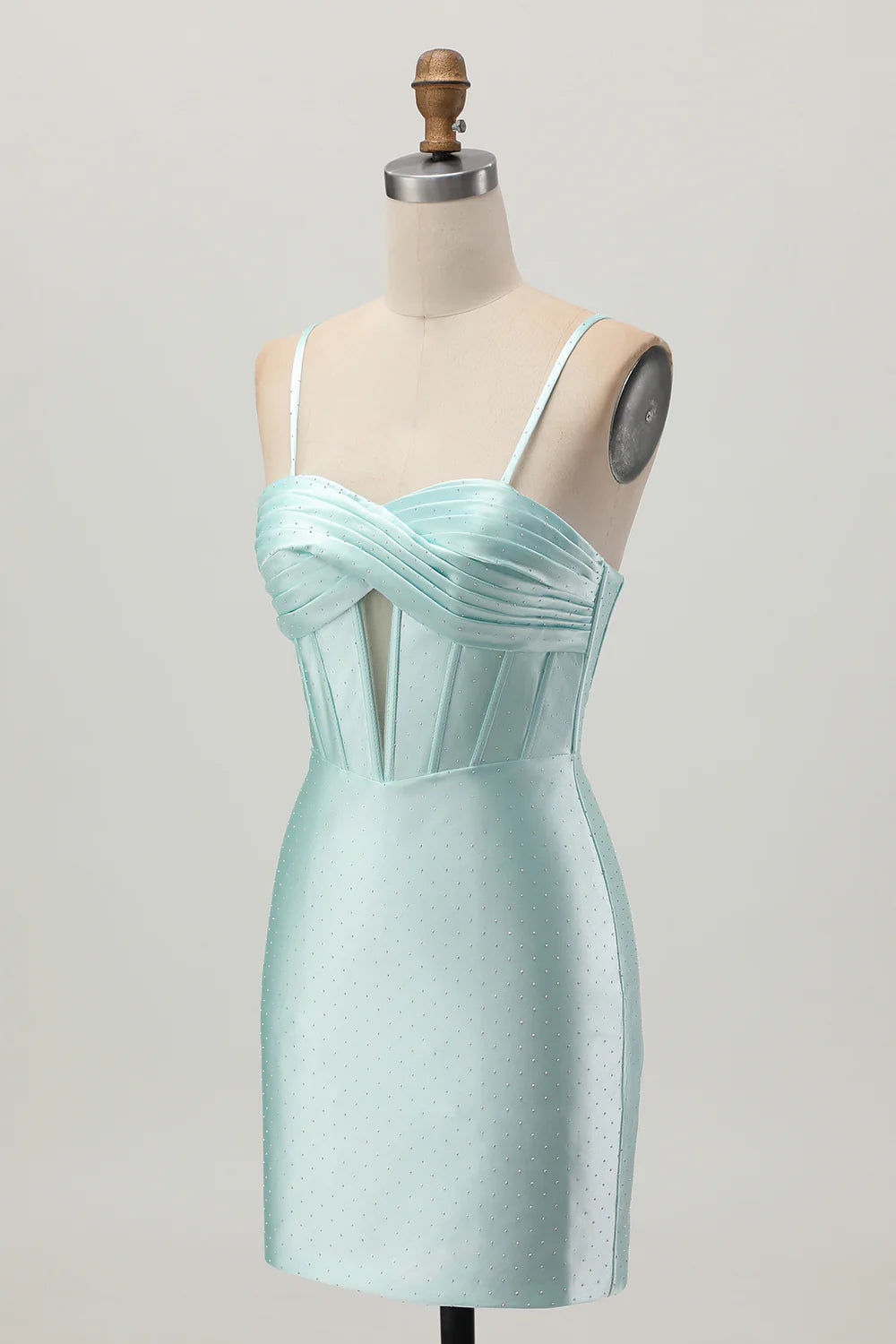 Fashion Short Dress Sparkly Light Green Satin Sheath Spaghetti Strap Sweetheart Neckline Sleeveless Pleated Knot Hollow-Out with Rhinestone Backless Hot Sale Homecoming Dress