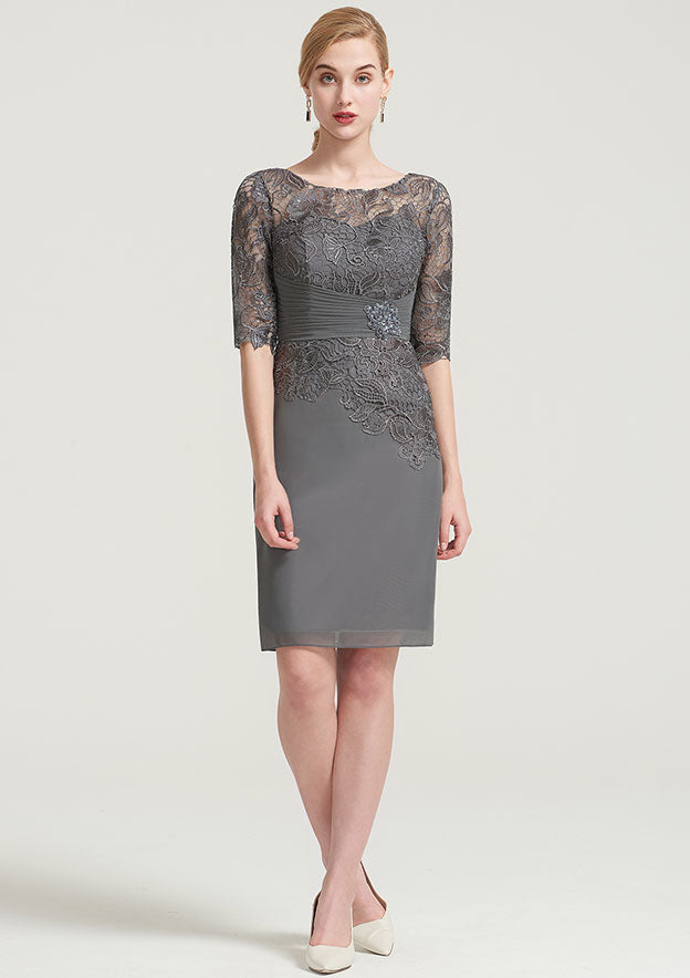 Wedding Guest Dresses Elegant Chiffon Sheath/Column Boat Neck Half Sleeve Pleated Lace Appliqued With Jacket Knee-Length Hot Sale Mother of the Bride Dress