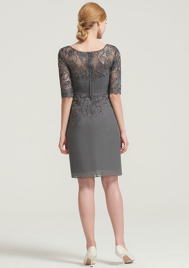 Wedding Guest Dresses Elegant Chiffon Sheath/Column Boat Neck Half Sleeve Pleated Lace Appliqued With Jacket Knee-Length Hot Sale Mother of the Bride Dress