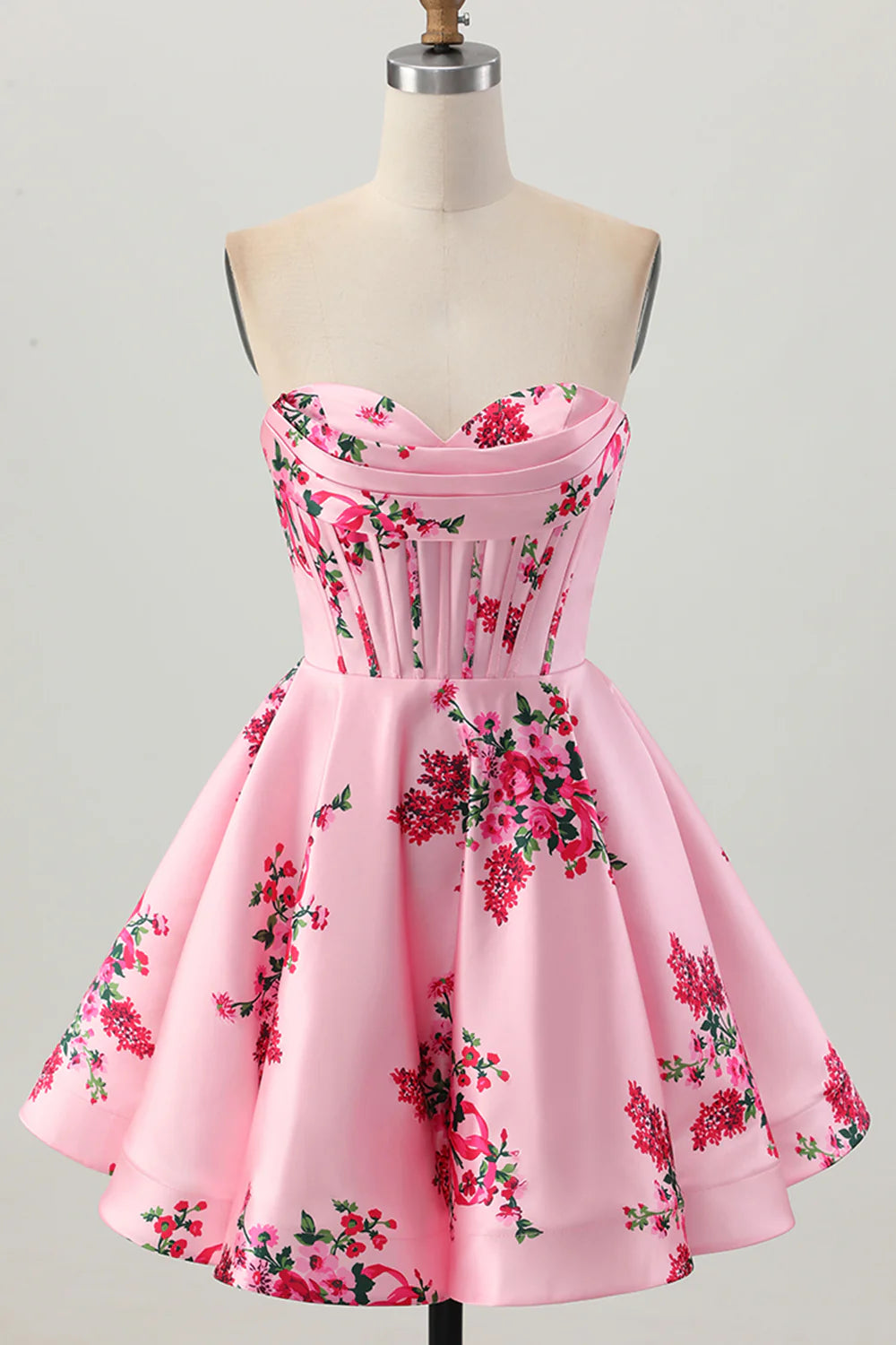 Vintage Short Dress Pink Satin Printing Elegant A Line Strapless Sweetheart Neckline Sleeveless Ruched Backless Hot Sale Homecoming Dress