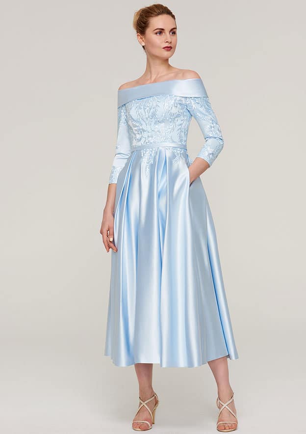 Wedding Guest Dresses Exquisite Sky Blue Satin A-line Off-the-Shoulder 3/4 Sleeve With Lace Appliqued Sashes Ruched Tea-Length Hot Sale Mother of the Bride Dress