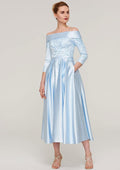 Wedding Guest Dresses Exquisite Sky Blue Satin A-line Off-the-Shoulder 3/4 Sleeve With Lace Appliqued Sashes Ruched Tea-Length Hot Sale Mother of the Bride Dress