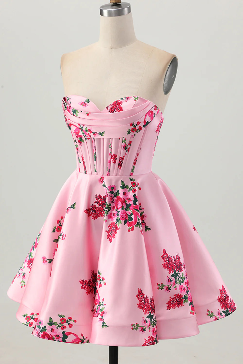 Vintage Short Dress Pink Satin Printing Elegant A Line Strapless Sweetheart Neckline Sleeveless Ruched Backless Hot Sale Homecoming Dress