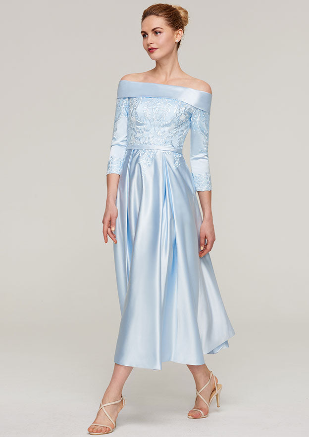Wedding Guest Dresses Exquisite Sky Blue Satin A-line Off-the-Shoulder 3/4 Sleeve With Lace Appliqued Sashes Ruched Tea-Length Hot Sale Mother of the Bride Dress