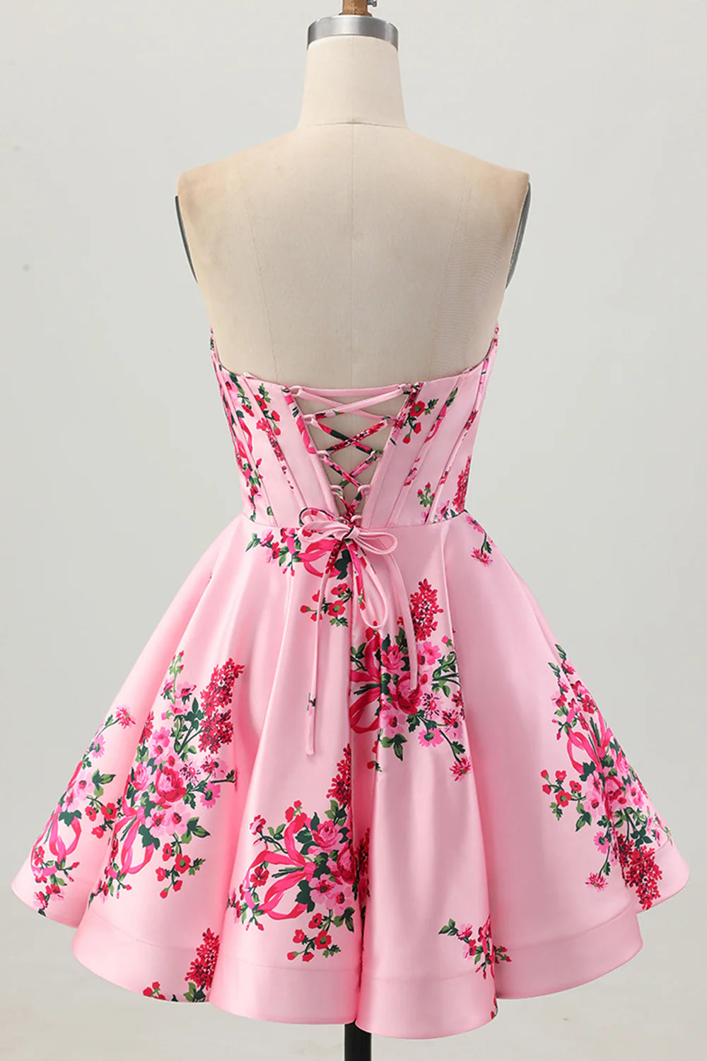 Vintage Short Dress Pink Satin Printing Elegant A Line Strapless Sweetheart Neckline Sleeveless Ruched Backless Hot Sale Homecoming Dress