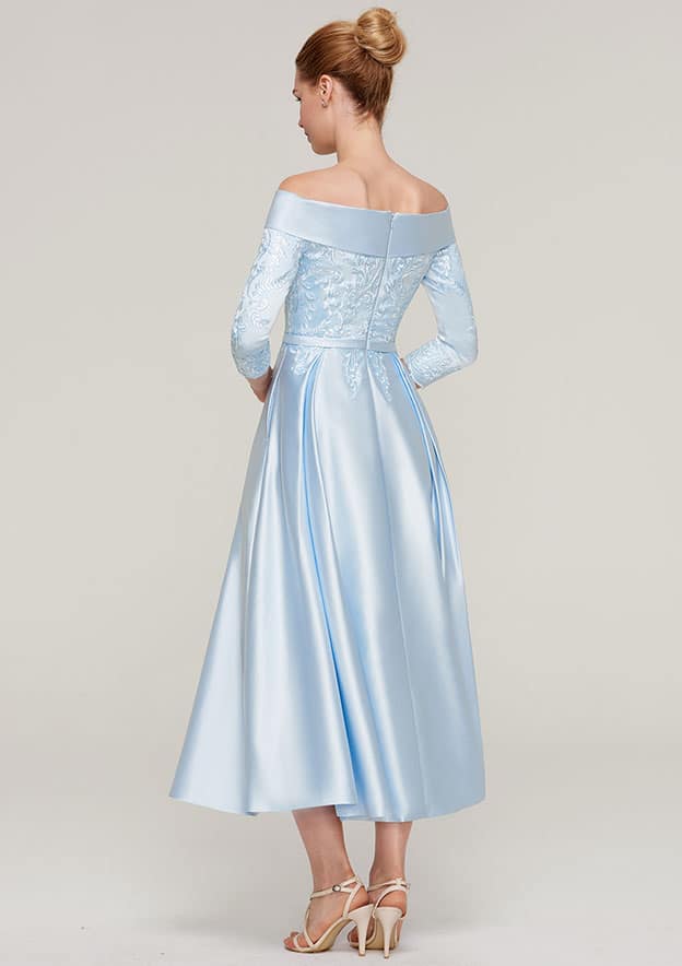 Wedding Guest Dresses Exquisite Sky Blue Satin A-line Off-the-Shoulder 3/4 Sleeve With Lace Appliqued Sashes Ruched Tea-Length Hot Sale Mother of the Bride Dress