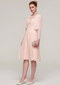 Wedding Guest Dresses Pink Chiffon Classic Elegant A-line Boat Neck Sleeveless Lace Appliqued With Long Sleeves Jacket Two-Piece Knee-Length Hot Sale Mother of the Bride Dress