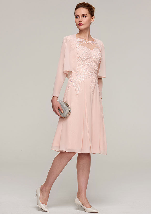 Wedding Guest Dresses Pink Chiffon Classic Elegant A-line Boat Neck Sleeveless Lace Appliqued With Long Sleeves Jacket Two-Piece Knee-Length Hot Sale Mother of the Bride Dress