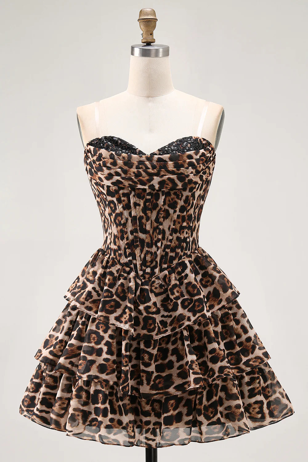 Chic Short Dress Brown Leopard A Line Strapless Corset Lace Sequin Sweetheart Sleeveless Backless Layering Ruched Bargain Homecoming Dress