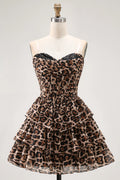 Chic Short Dress Brown Leopard A Line Strapless Corset Lace Sequin Sweetheart Sleeveless Backless Layering Ruched Bargain Homecoming Dress