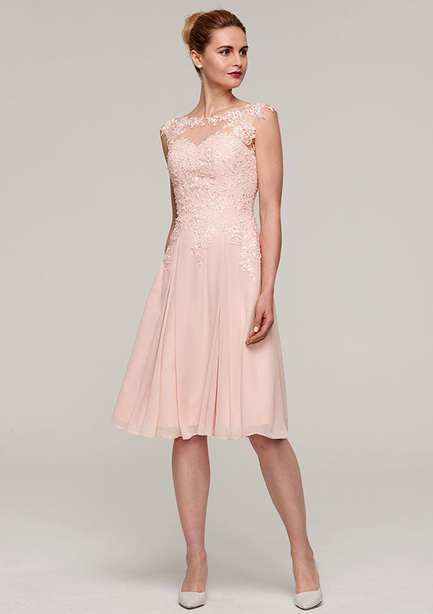 Wedding Guest Dresses Pink Chiffon Classic Elegant A-line Boat Neck Sleeveless Lace Appliqued With Long Sleeves Jacket Two-Piece Knee-Length Hot Sale Mother of the Bride Dress