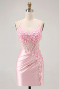 Exquisite Short Dress Pink Tight Spaghetti Strap Sweetheart Neckline Sleeveless Sequin 3D Floral Pleated Backless Hot Sale Homecoming Dress