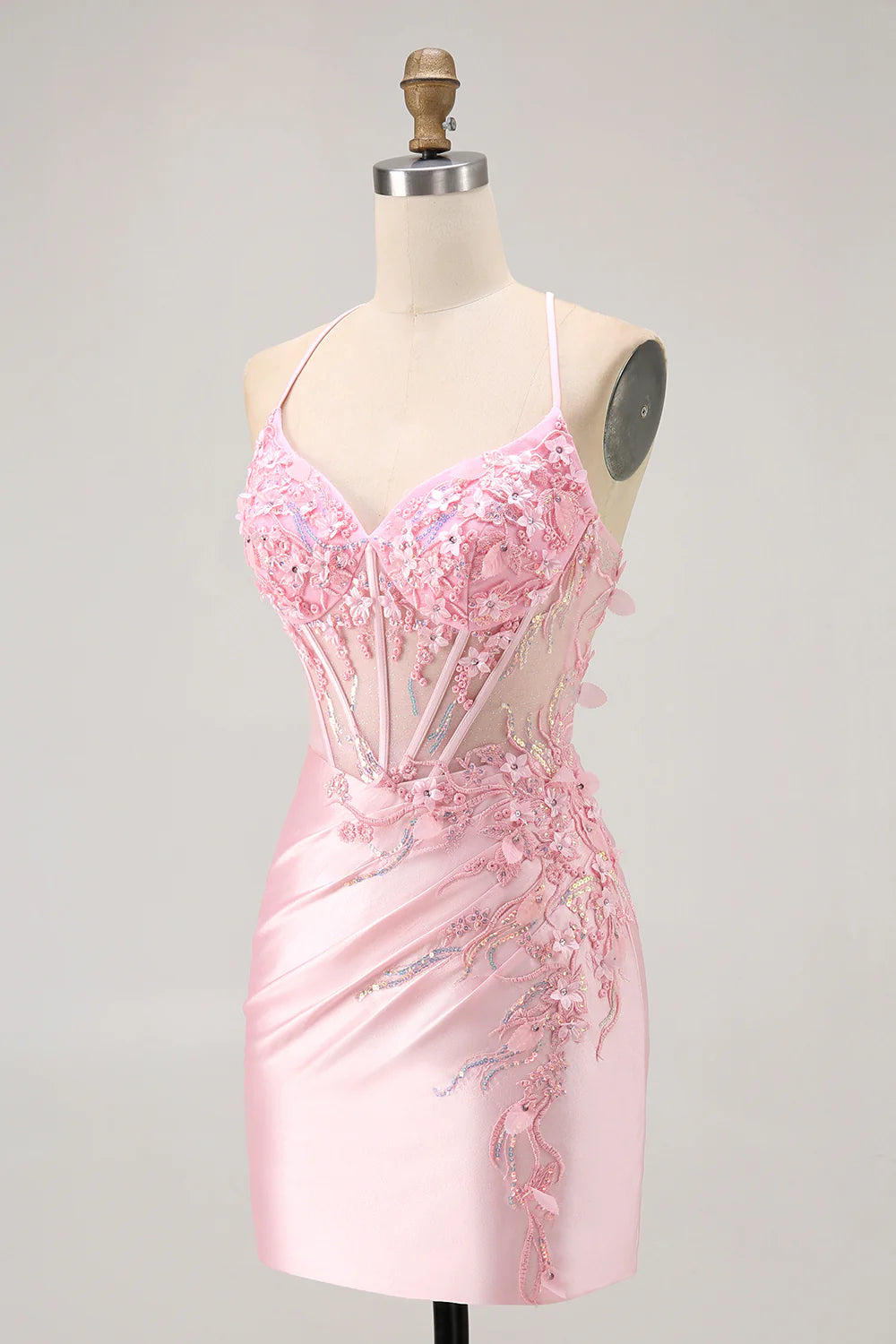 Exquisite Short Dress Pink Tight Spaghetti Strap Sweetheart Neckline Sleeveless Sequin 3D Floral Pleated Backless Hot Sale Homecoming Dress