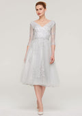 Wedding Guest Dresses Exquisite Light Grey Tulle A-line V Neck 3/4 Sleeve Lace Appliqued With Waistband Tea-Length Hot Sale Mother of the Bride Dress