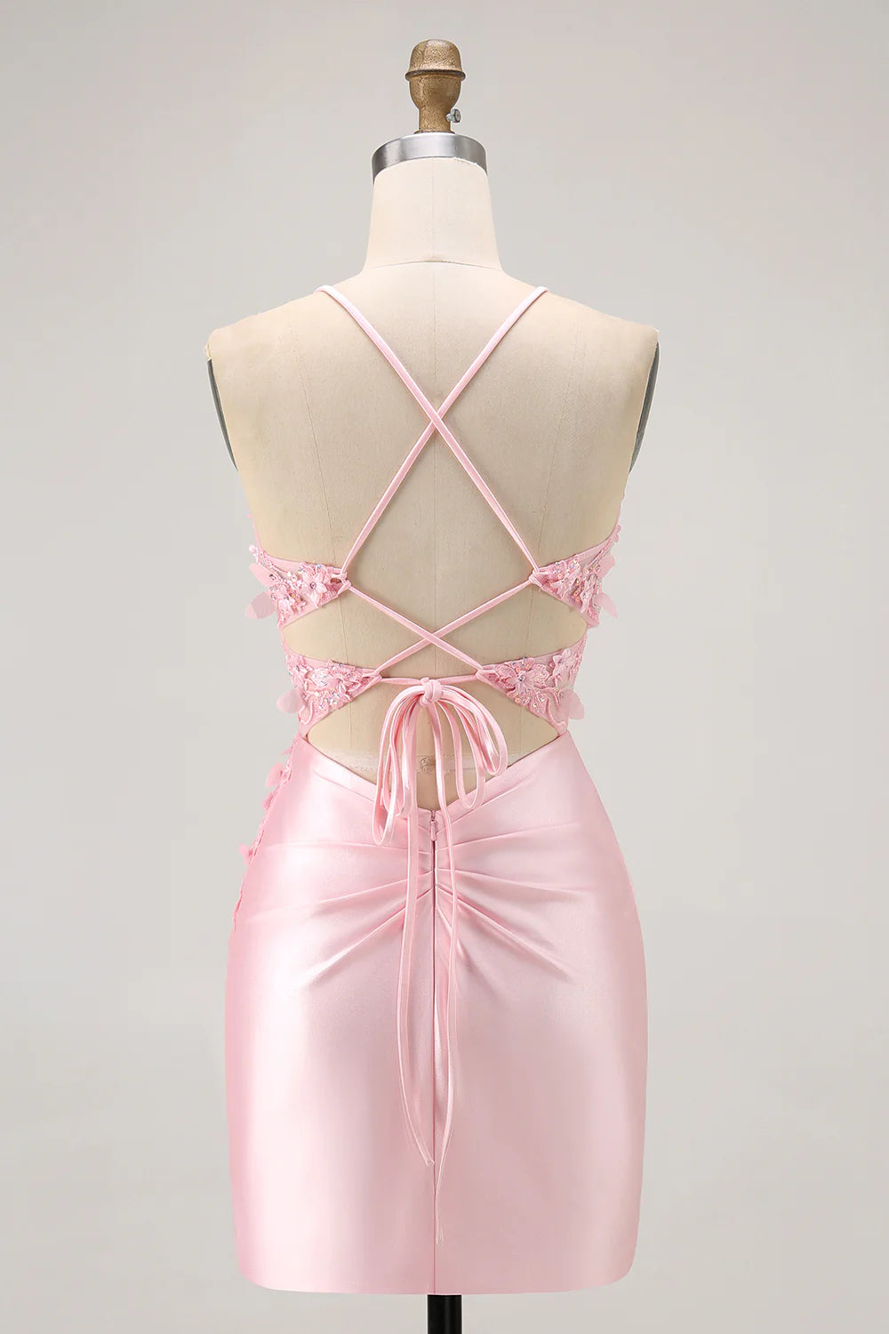 Exquisite Short Dress Pink Tight Spaghetti Strap Sweetheart Neckline Sleeveless Sequin 3D Floral Pleated Backless Hot Sale Homecoming Dress