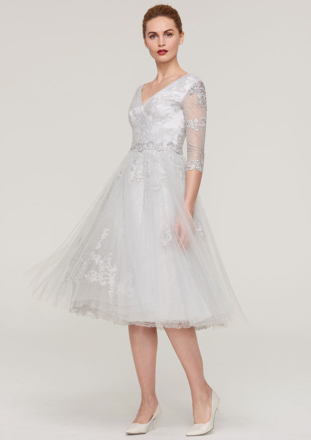 Wedding Guest Dresses Exquisite Light Grey Tulle A-line V Neck 3/4 Sleeve Lace Appliqued With Waistband Tea-Length Hot Sale Mother of the Bride Dress