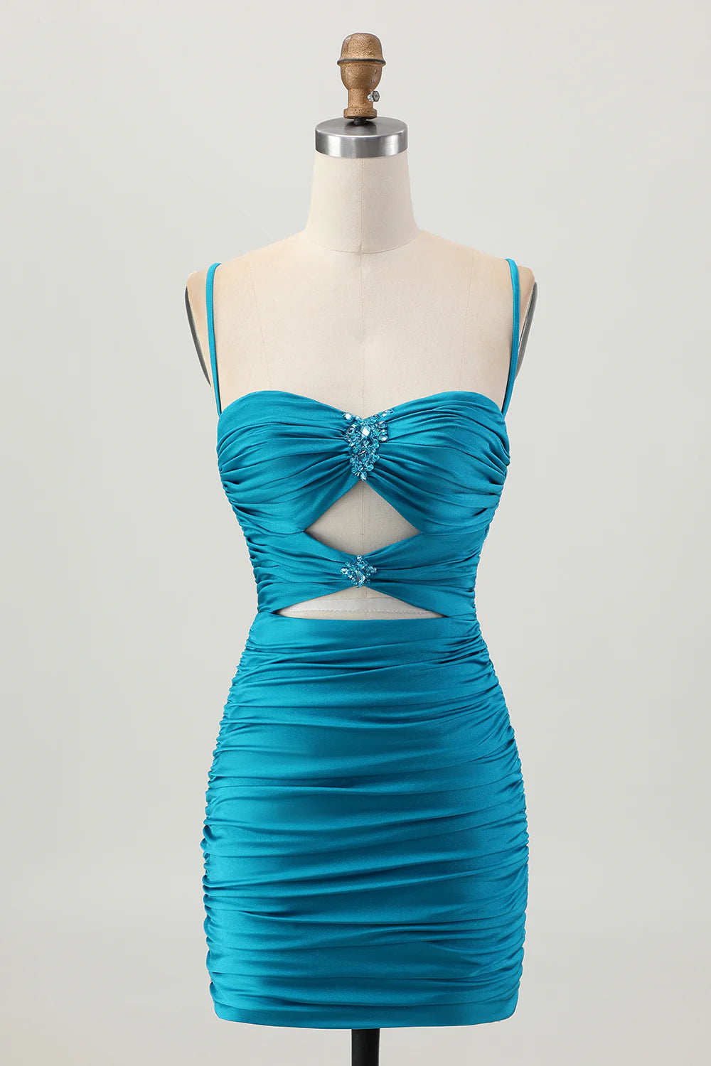 Exquisite Short Dress Sparkly Blue Tight Spaghetti Strap Sweetheart Neckline Sleeveless Pleated Cut Out with Rhinestone Backless Hot Sale Homecoming Dress
