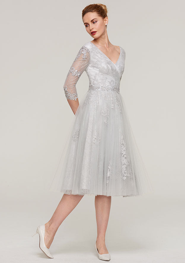 Wedding Guest Dresses Exquisite Light Grey Tulle A-line V Neck 3/4 Sleeve Lace Appliqued With Waistband Tea-Length Hot Sale Mother of the Bride Dress