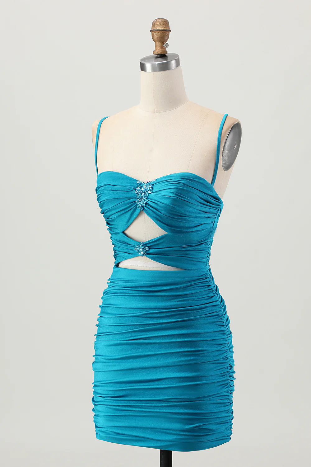 Exquisite Short Dress Sparkly Blue Tight Spaghetti Strap Sweetheart Neckline Sleeveless Pleated Cut Out with Rhinestone Backless Hot Sale Homecoming Dress