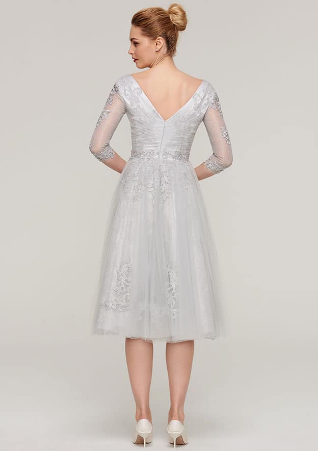 Wedding Guest Dresses Exquisite Light Grey Tulle A-line V Neck 3/4 Sleeve Lace Appliqued With Waistband Tea-Length Hot Sale Mother of the Bride Dress