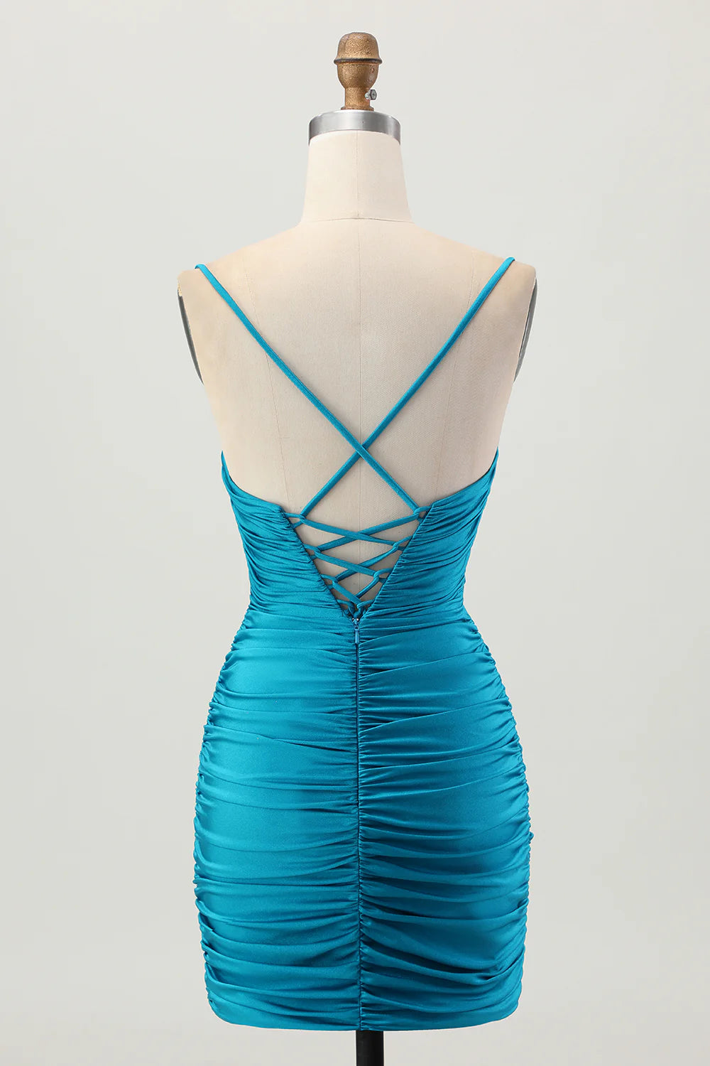 Exquisite Short Dress Sparkly Blue Tight Spaghetti Strap Sweetheart Neckline Sleeveless Pleated Cut Out with Rhinestone Backless Hot Sale Homecoming Dress