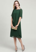 Wedding Guest Dresses Dark Green Chiffon Elegant Sheath/Column Scoop Neck Short Sleeve With Beading Ruffles Knee-Length Hot Sale Mother of the Bride Dress