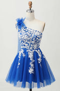 Fashion Short Dress Royal Blue Tulle A Line One Shoulder Sleeveless Lace Applique with 3D Flower Backless Hot Sale Homecoming Dress
