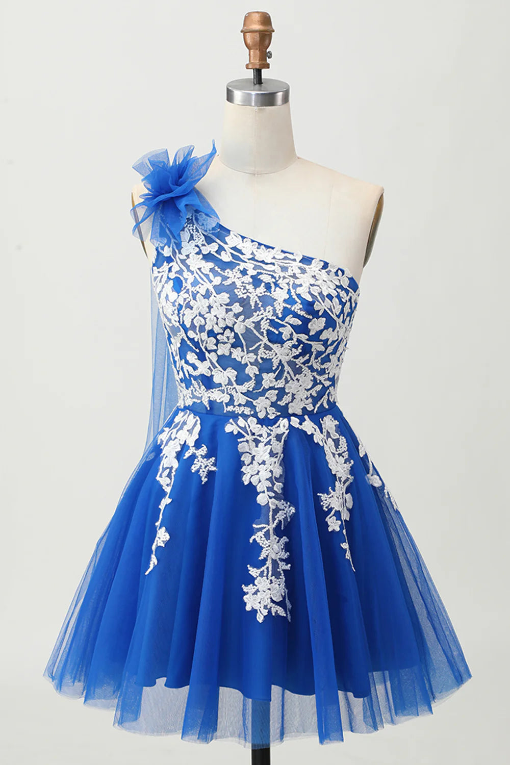 Fashion Short Dress Royal Blue Tulle A Line One Shoulder Sleeveless Lace Applique with 3D Flower Backless Hot Sale Homecoming Dress