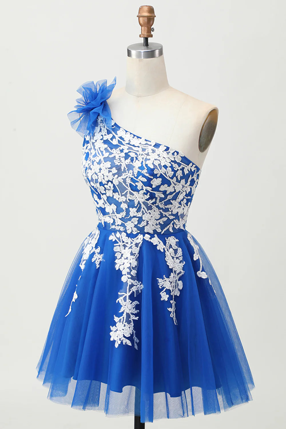 Fashion Short Dress Royal Blue Tulle A Line One Shoulder Sleeveless Lace Applique with 3D Flower Backless Hot Sale Homecoming Dress