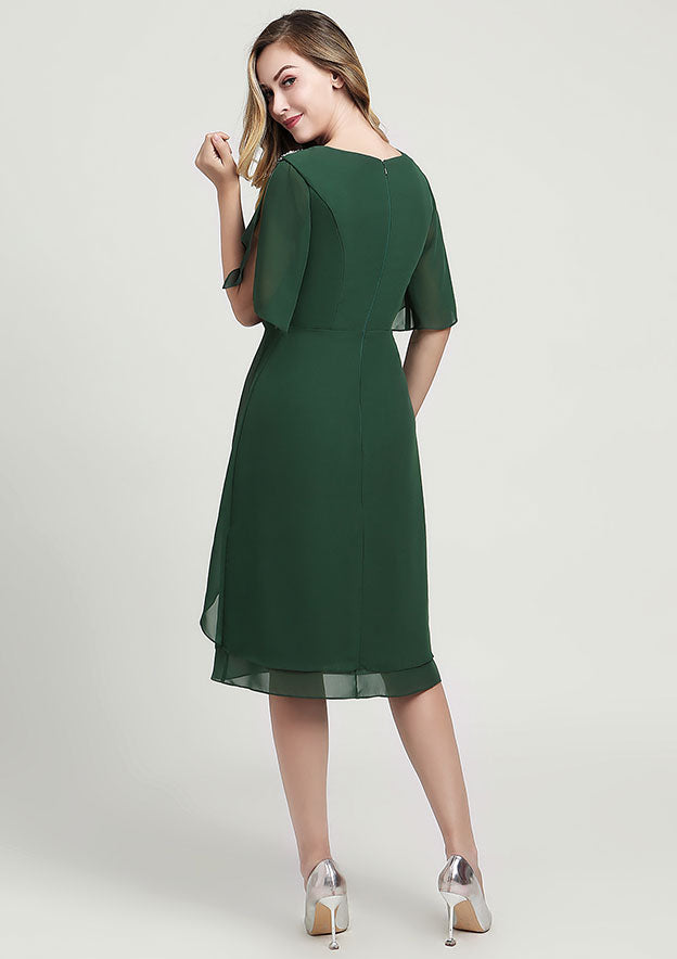 Wedding Guest Dresses Dark Green Chiffon Elegant Sheath/Column Scoop Neck Short Sleeve With Beading Ruffles Knee-Length Hot Sale Mother of the Bride Dress