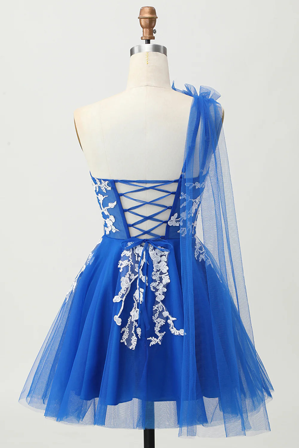 Fashion Short Dress Royal Blue Tulle A Line One Shoulder Sleeveless Lace Applique with 3D Flower Backless Hot Sale Homecoming Dress