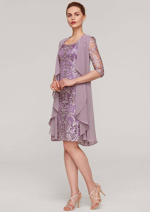 Wedding Guest Dresses Purple Vintage Sheath/Column Boat Neck Half Sleeve Lace Applique With Jacket Two-Piece Knee-Length Hot Sale Mother of the Bride Dress