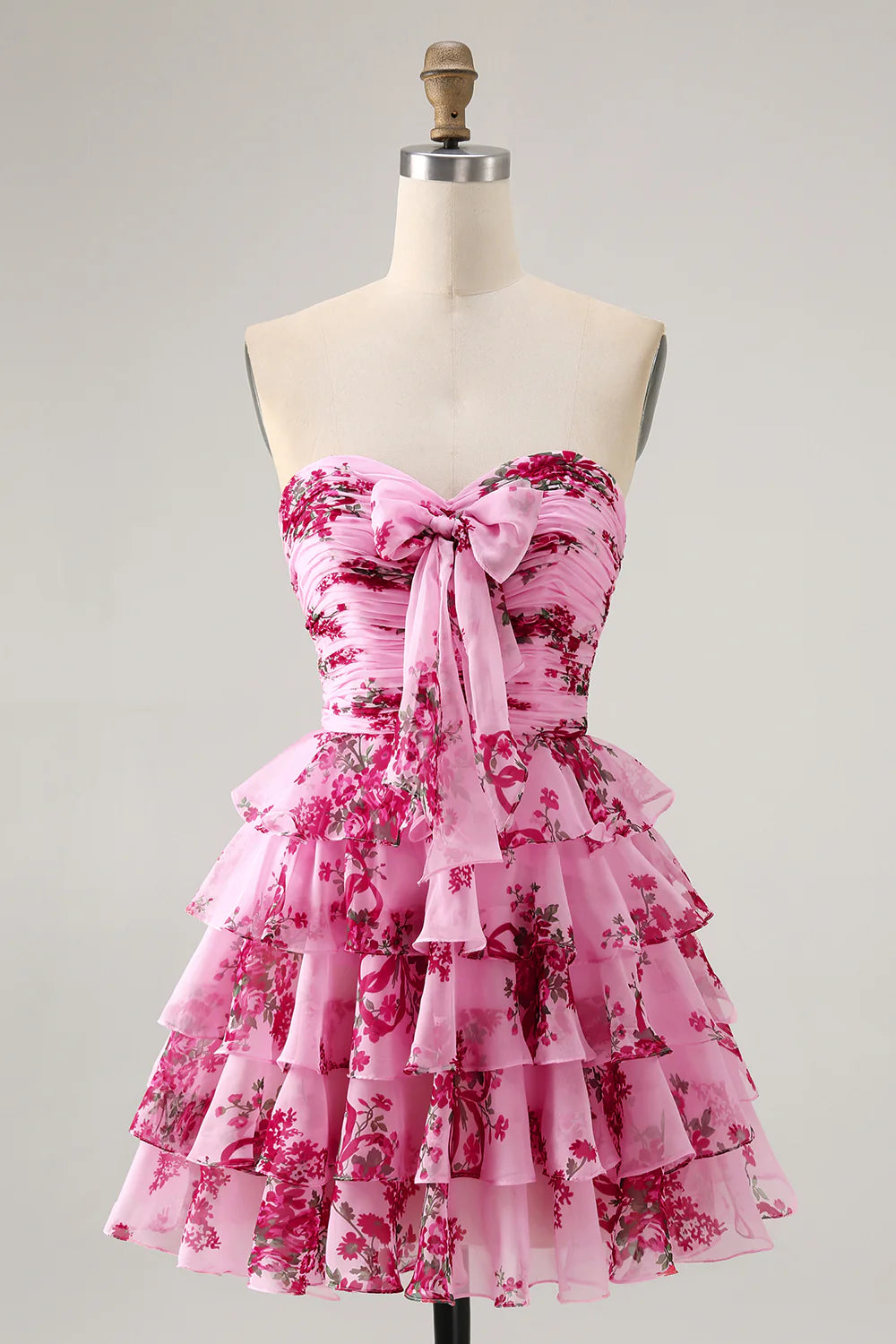 Exquisite Vintage Short Dress Pink Printing A Line Strapless Sweetheart Neckline with Bow Sleeveless Tiered Ruffled Backless Hot Sale Homecoming Dress