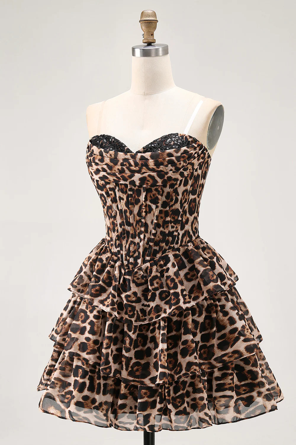 Chic Short Dress Brown Leopard A Line Strapless Corset Lace Sequin Sweetheart Sleeveless Backless Layering Ruched Bargain Homecoming Dress