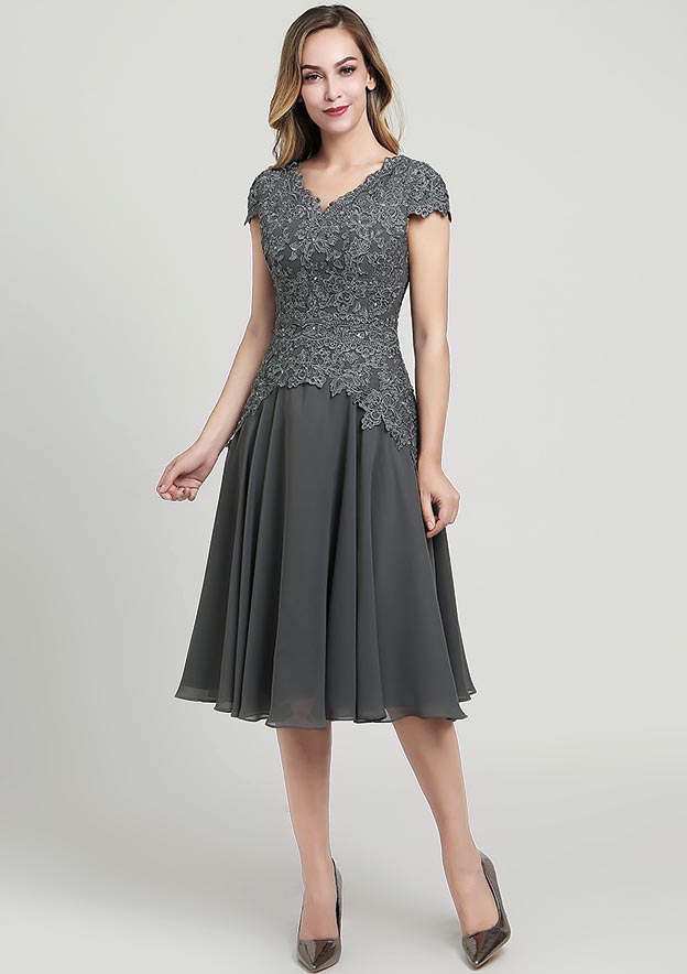 Wedding Guest Dresses Grey Chiffon Classic A-line V Neck Short Sleeve Lace Applique With 3/4 Long Sleeve Jacket Two-Piece Knee-Length Hot Sale Mother of the Bride Dress