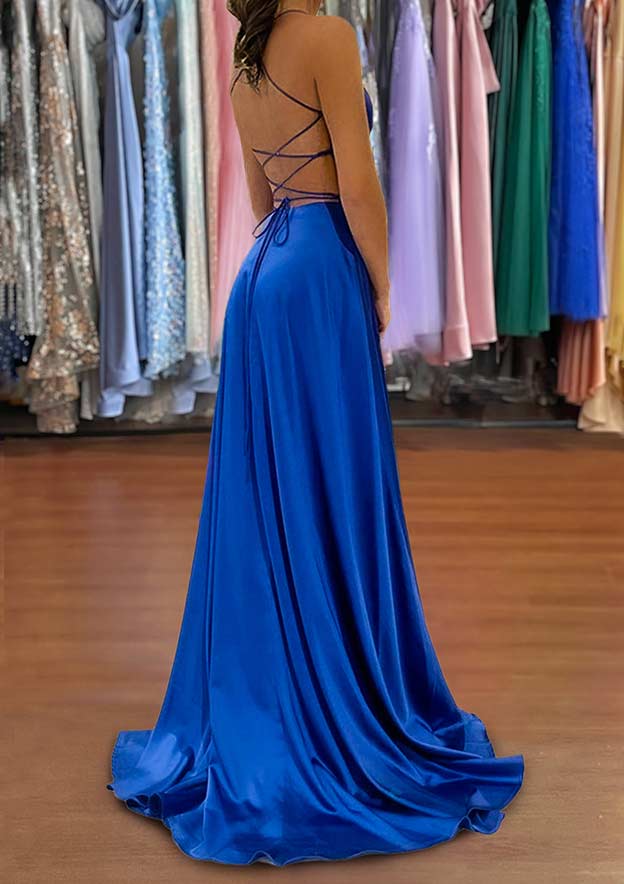 Royal Blue Elegant A-line Spaghetti Strap V Neck Sleeveless Backless Ruched Hot Sale Long Prom Dress