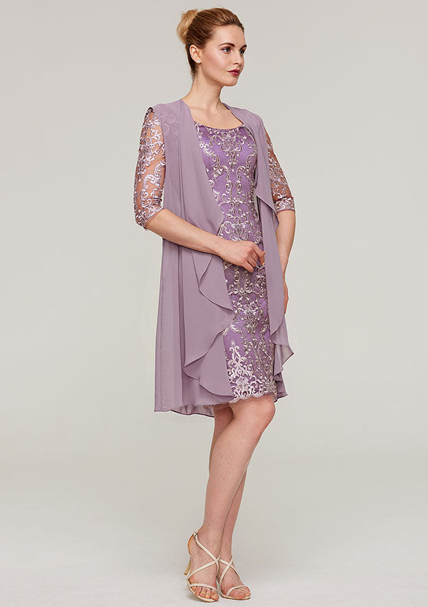 Wedding Guest Dresses Purple Vintage Sheath/Column Boat Neck Half Sleeve Lace Applique With Jacket Two-Piece Knee-Length Hot Sale Mother of the Bride Dress