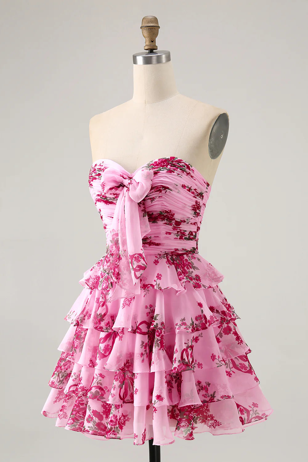 Exquisite Vintage Short Dress Pink Printing A Line Strapless Sweetheart Neckline with Bow Sleeveless Tiered Ruffled Backless Hot Sale Homecoming Dress
