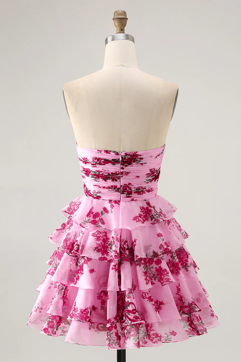 Exquisite Vintage Short Dress Pink Printing A Line Strapless Sweetheart Neckline with Bow Sleeveless Tiered Ruffled Backless Hot Sale Homecoming Dress