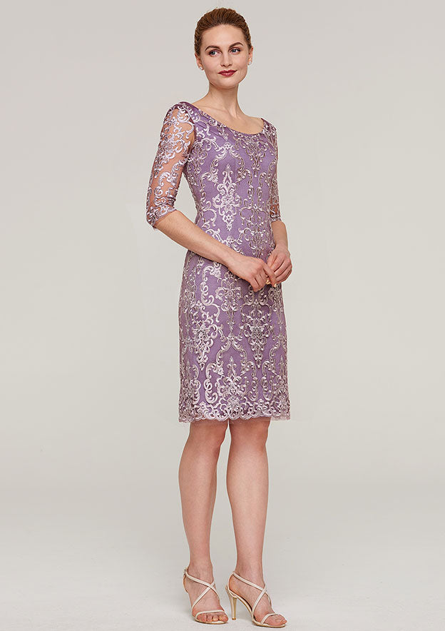 Wedding Guest Dresses Purple Vintage Sheath/Column Boat Neck Half Sleeve Lace Applique With Jacket Two-Piece Knee-Length Hot Sale Mother of the Bride Dress