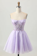 Exquisite Short Dress Sparkly Lilac A Line Strapless Sleeveless with Beading Flower Rhinestone Backless Hot Sale Homecoming Dress