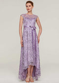 Wedding Guest Dresses Vintage A-line Purple Lace Boat Neck Sleeveless With Sashes Asymmetrical Hem Hot Sale Mother of the Bride Dress