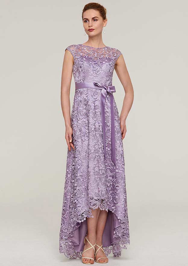 Wedding Guest Dresses Vintage A-line Purple Lace Boat Neck Sleeveless With Sashes Asymmetrical Hem Hot Sale Mother of the Bride Dress