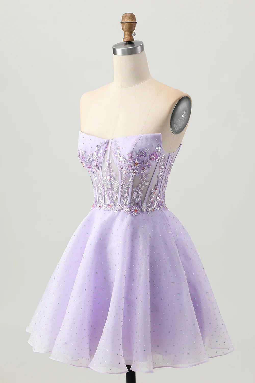 Exquisite Short Dress Sparkly Lilac A Line Strapless Sleeveless with Beading Flower Rhinestone Backless Hot Sale Homecoming Dress